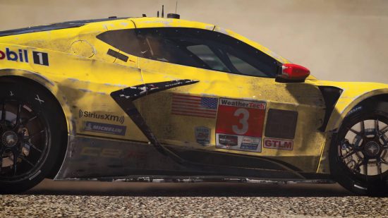 Forza Motorsport 8 Release Date - A yellow sports car with lots of sponsorship logos.  It has dirt stains and many scratches on its body.