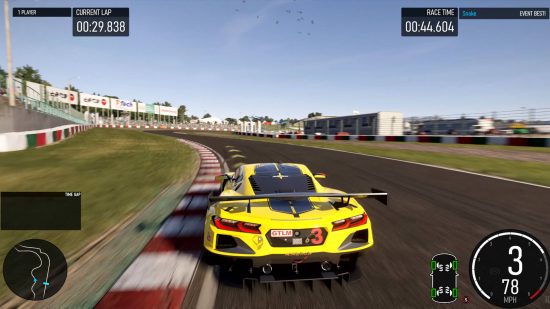 Forza Motorsport 8 release date - a yellow sports car with a spoiler on the back drifting across a track at 78 miles per hour.