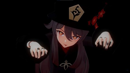 Genshin Impact accidentally becomes a horror game, and it's creepy: anime girl with brown hair and red eyes posing