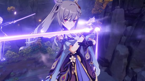 Genshin Impact Keqing player defeats Azhada solo at level one: anime girl with purple hair holding a glowing sword