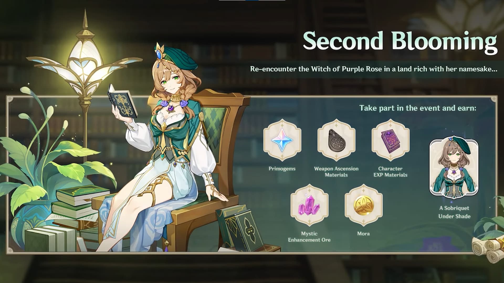 Genshin Impact Lisa skin comes free in 3.4 Second Blooming event: event overview with anime girl sitting next to text and icons