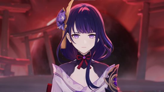 Genshin Impact's Ayato and Raiden beat Nahida sales with days to spare: anime girl with purple hair in front of red background