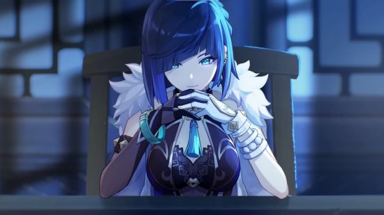 Genshin Impact targets more Discord leakers with new DMCA notices: anime girl with blue hair sitting at a desk