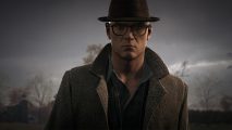 Hitman trilogy rebranding to make purchasing the stealth game easier: agent 47 in a tweed jacket and hat with a brim and glasses, with the gloomy grey sky behind him