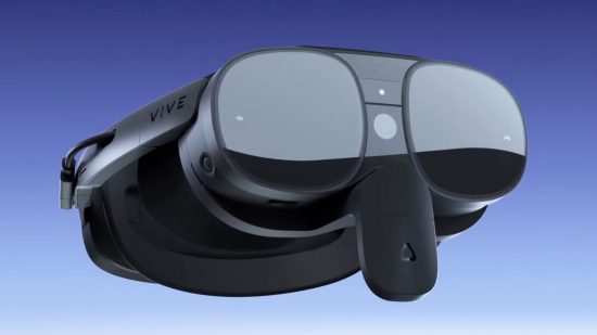 The HTC Vive XR Elite mixed reality headset from the front against a blue background