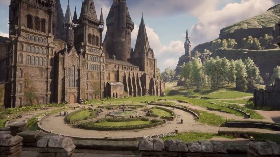 Hogwarts Legacy, когато се провежда времева линия - гледка към градините извън училището за магьосничество и магьосничество Хогвартс