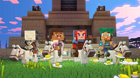 Minecraft Legends release date - four creators holding monster spawner blocks while riding on horseback.