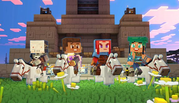 Minecraft Legends release date - four creators holding monster spawner blocks while riding on horseback.