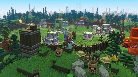 Minecraft Legends release date - a player is tending to some scarecrows with zombie villagers while standing just outside their base.