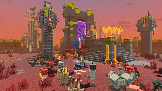 Minecraft Legends release date - a player is capturing a base by planting his flag in the center.