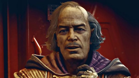 Starfield release date reconfirmed as Bethesda RPG coming this year: a close up on a man with grey hair and a moustache, is a sort of very ornamental cloak made of colourful fabric