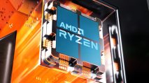 A render of an AMD Ryzen CPU chip with the Windows 11 logo splashed over the logo