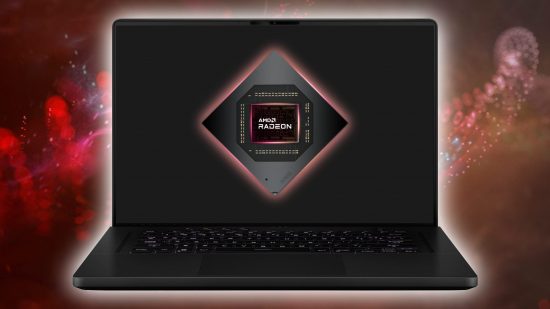 AMD RDNA 3 gaming laptop: Black laptop with Radeon logo on screen and red swirl backdrop