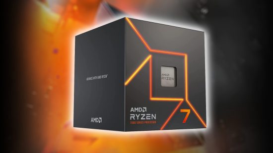 AMD Ryzen 7000 gaming CPU box with orange backdrop