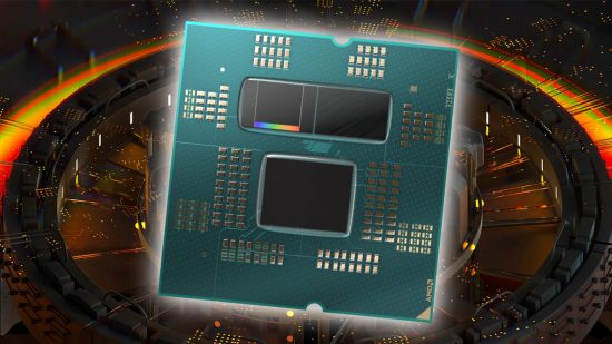 AMD Ryzen 7000X3D chip with glowing orange backdrop