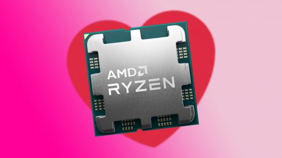 AMD Ryzen 7000X3D gaming CPU with pink love heart backdrop