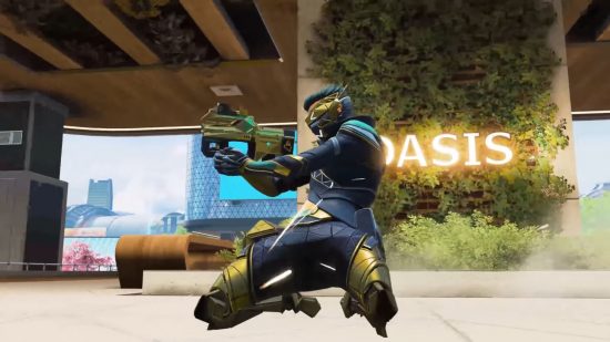 Apex Legends engine error: A man with short swept blue hair and gold facemask slides on his knees across a polished floor in a botanical laboratory, he's dressed in a slate gray costume with a geodesic pattern and gold accents, and holds a gold SMG in both hands