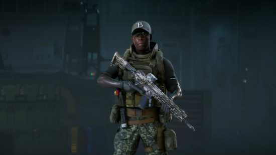 Battlefield 2042 class system update: Specialist 'Irish' stands ready in camouflage and body armour, an assault rifle (also covered in a camo pattern) held at the ready