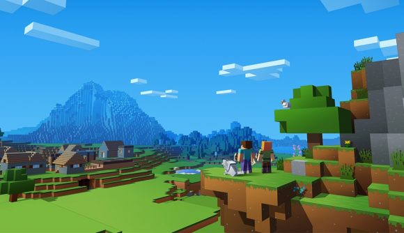 Best building games: Minecraft. Image shows the blocky characters, Alex and Steve, looking out on the Minecraft wilderness.