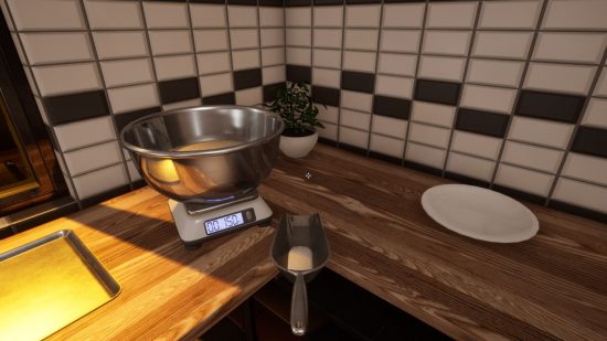 Best cooking games: the player is measuring some flour into a steel bowl. They currently have 150 grams in the bowl and a little more in their scoop.