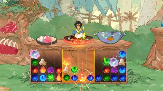 Best cooking games: a chef is frying some ingredients in a wok in a forest. A match-three puzzle game is underneath