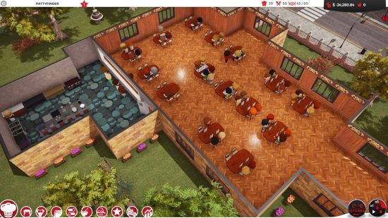 Best cooking games: an over-the-top view of a restaurant, with people in the kitchen observing the diners