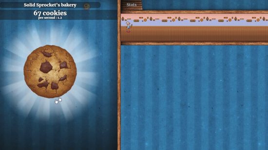 Best cooking games: two mouse icons are clicking a cookie as a progression tracker moves on the right screen