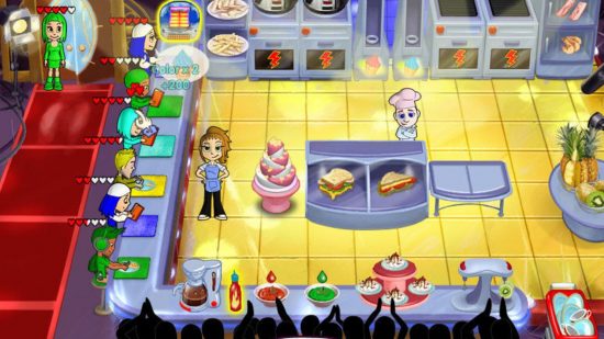 משחקי הבישול הטובים ביותר: כמה לקוחות מחכים לאוכל שלהם כשף ושרת עומדים סביבם שלא עושים דבר