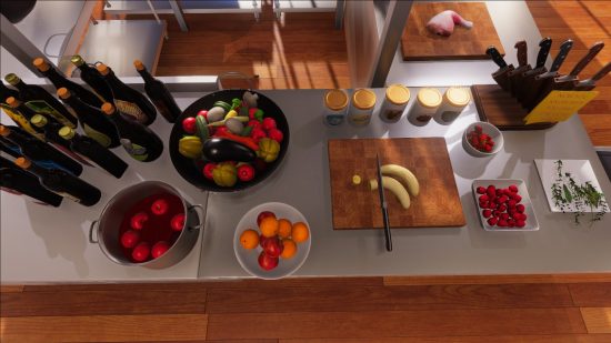 משחקי הבישול הטובים ביותר: מבחר של פירות וירקות טריים, יינות ושמנים, תבלינים וסכינים על שטח עבודה במטבח. מקל תוף עוף גולמי נמצא בפינה העליונה