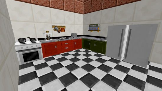 Best cooking games: a kitchen setup, complete with hob, knife rack, toaster, and spices in the Minecraft Cooking with Blockheads mod
