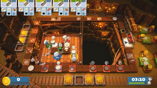 Best cooking games: four chefs are trying to frantically cook and serve meals to waiting customers while suspended by a conveyer lift in a mine shaft.