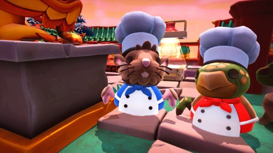 Best cooking games: Overcooked 2 - A mouse and turtle stand in chef's whites