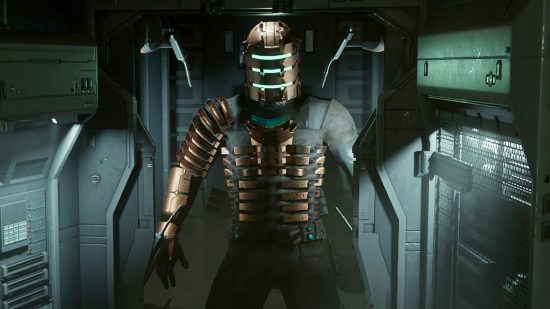 The best Dead Space settings: : Isaac Clarke standing in mechanical changing room