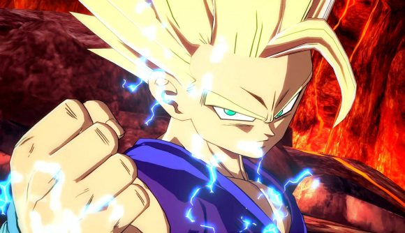 Best fighting games - Gohan from Dragon Ball FighterZ is in Super Saiyan 2 form and sparking with energy. He has a serious look on his face.