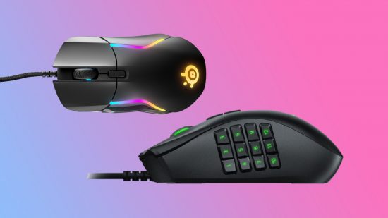 Best gaming mouse: Razer Naga Trinity and Steelseries mouse on pink and blue rendered backdrop