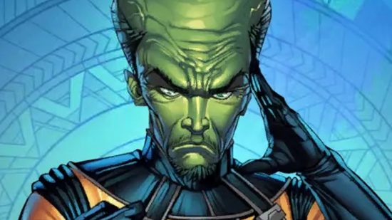 Best Marvel Snap Leader Deck: ใบหน้าของผู้นำอย่างใกล้ชิดด้วยมือของเขาไปยังวัดของเขา