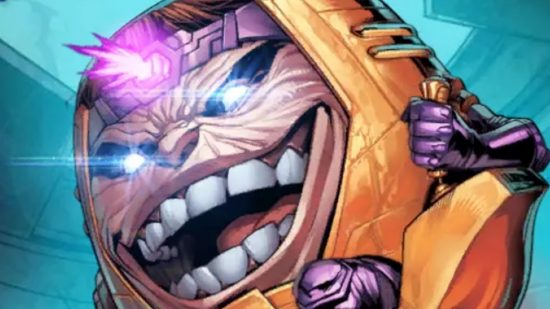 Beste Marvel Snap Modok Deck: een close -up van Modok's gezicht in zijn kaartkunst