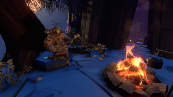 Trò chơi PC hay nhất - Outer Wilds: Một nhân vật ngồi bên lửa trại chơi guitar