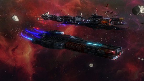 Pirate Game paling apik: loro kapal ing Rebel Galaxy ngambang liwat ruang. Sawetara asteroid sing cedhak