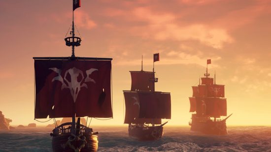 Meilleurs jeux de pirates: trois navires naviguant au coucher du soleil dans Sea of ​​Thieves