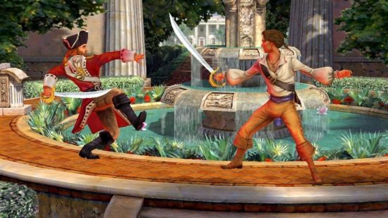 Best Pirate games: two swashbuckling pirates dueling on top of a fountain in Sid Meier's Pirates!
