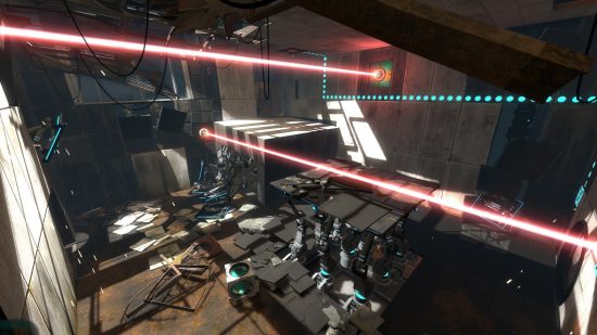 Beste puzzelspellen - Portal 2: een van de testkamers met twee lasers die loodrecht op elkaar door het midden van de kamer gaan