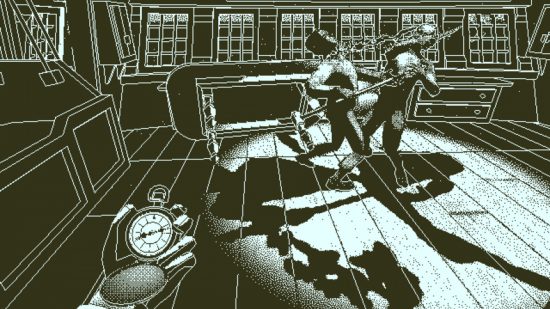 Best puzzle games - Return of the Obra Dinn: The player holding a compass and watching a memory happen