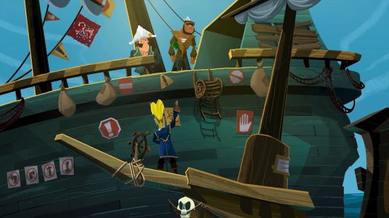 Best puzzle games - Return to Monkey Island: Guybrush speaking to pirates on another ship