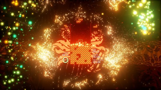 Best puzzle games - Tetris Effect: One of the Tetris Effect levels with explosions happening and fireworks