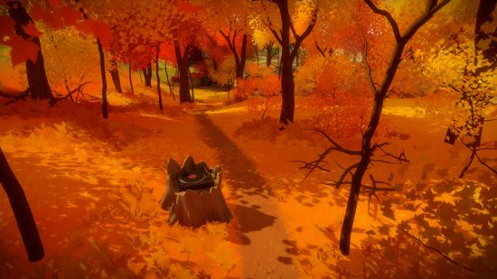 Best puzzle games - The Witness: An autumn trail with a tree stump