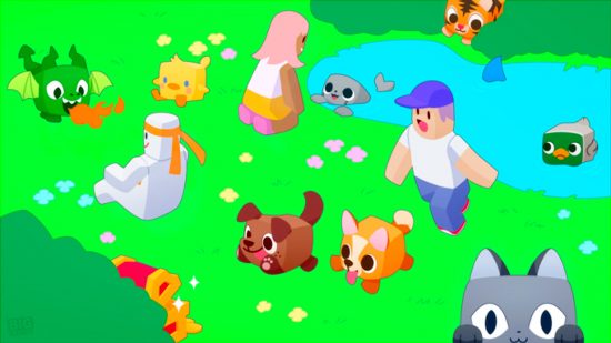 Un campo lleno de mascotas en bloque en Pet Simulator X, uno de los mejores juegos de Roblox