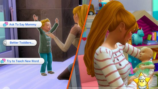 Sims 4 Mod Bessere Babys und Kleinkinder: Eine Mutter rockt ein Baby, während ein Kleinkind nach seiner Mutter streckt