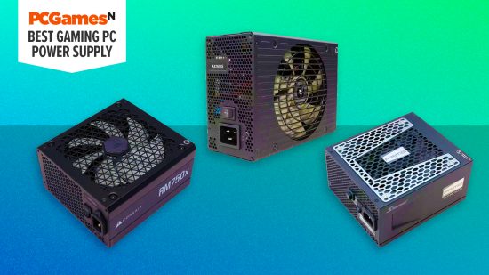 Best power supply for gaming PC - three power supply products on a bright blue gradient background