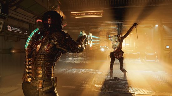 Dead Space Remake can learn from Callisto Protocol combat.  Isaac Clarke in Dead Space Remake takes aim at an enemy monster